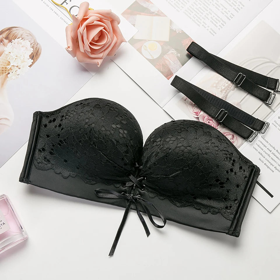 Women's Strapless Push Up Bra – Floral Embroidery Bralette Strapless Push Up Bra Babs Black 1XL