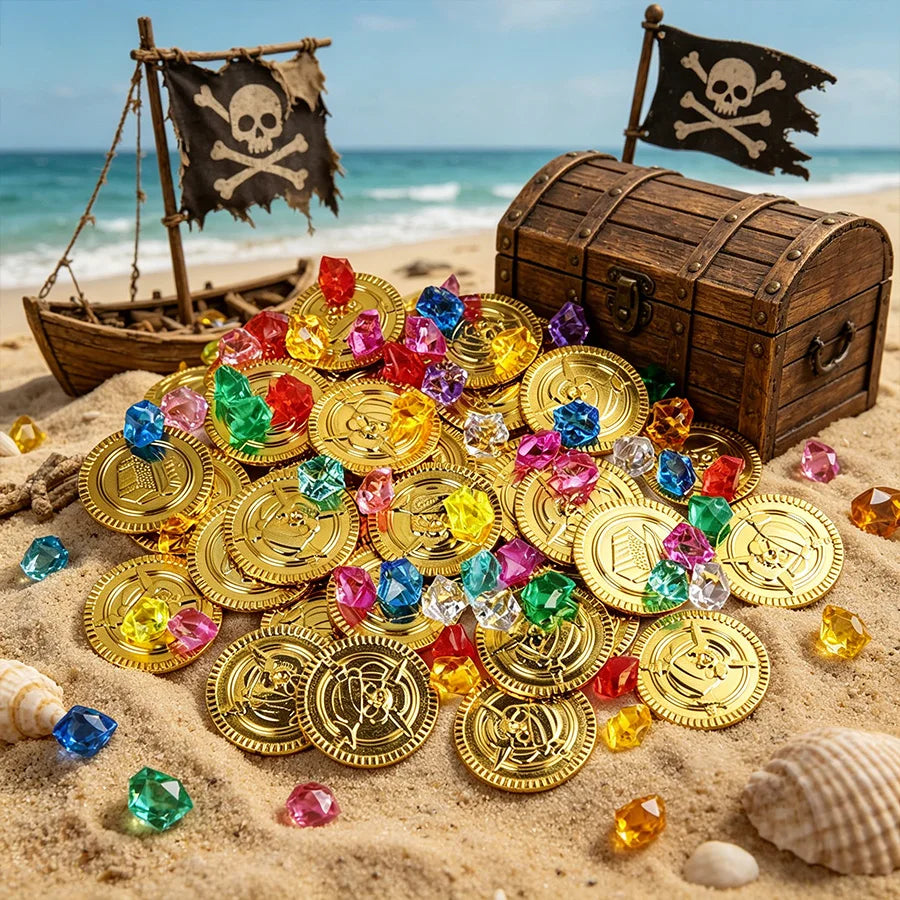 100pcs Pirate Gold Coins with Gemstones | Party Treasure Filler Party Treasure Props Babs