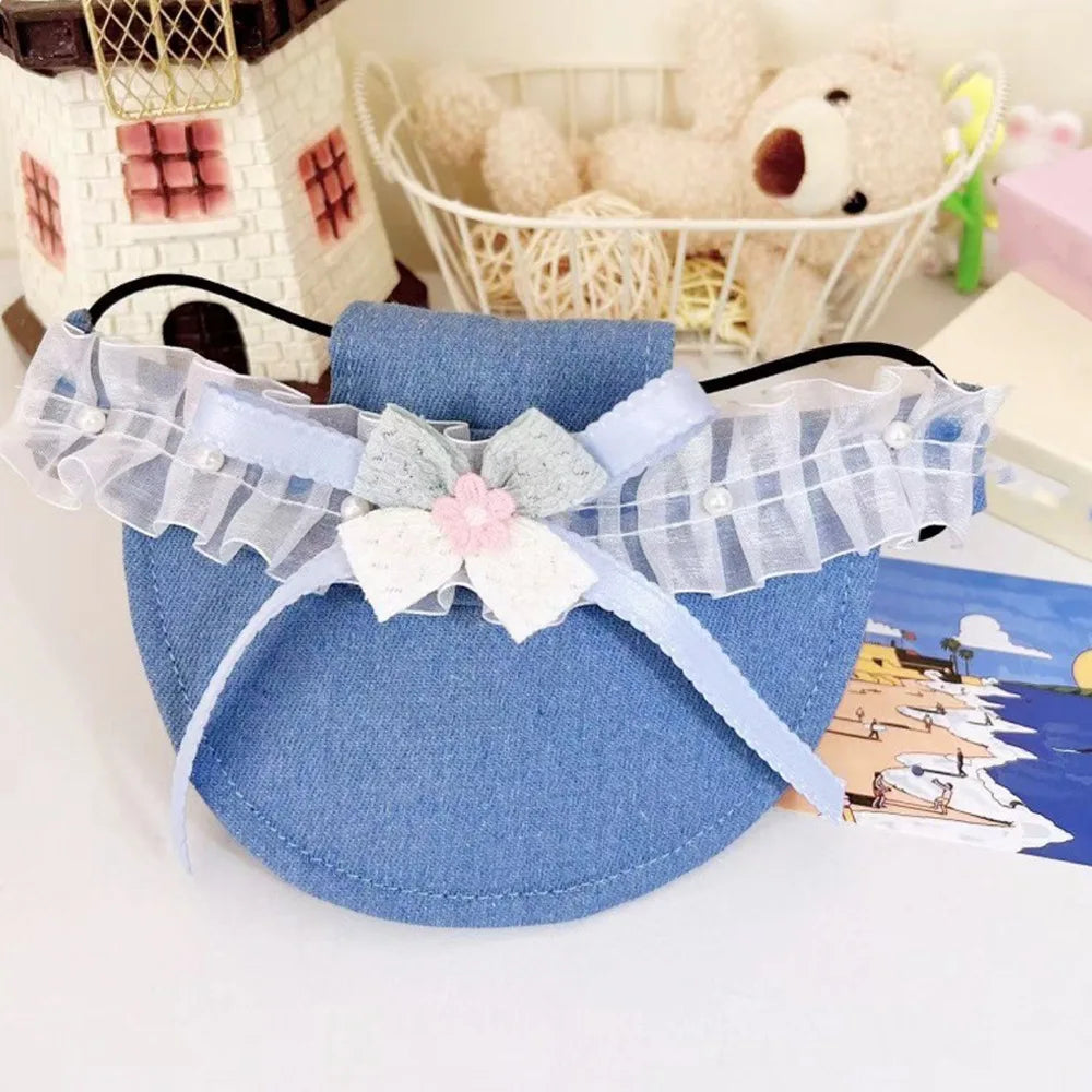 Denim Dog Sun Hat with Ear Holes & Lace Bow | UV Protection Cap Pet Sun Hat Babs Style A