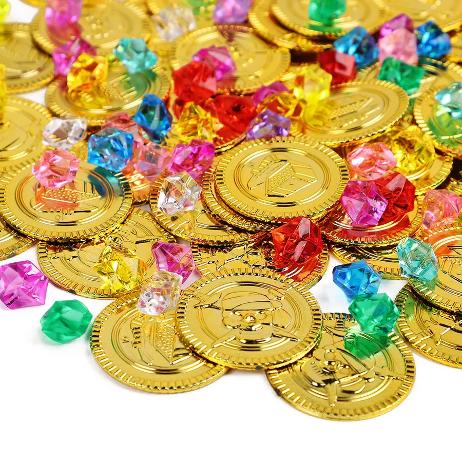 100pcs Pirate Gold Coins with Gemstones | Party Treasure Filler Party Treasure Props Babs