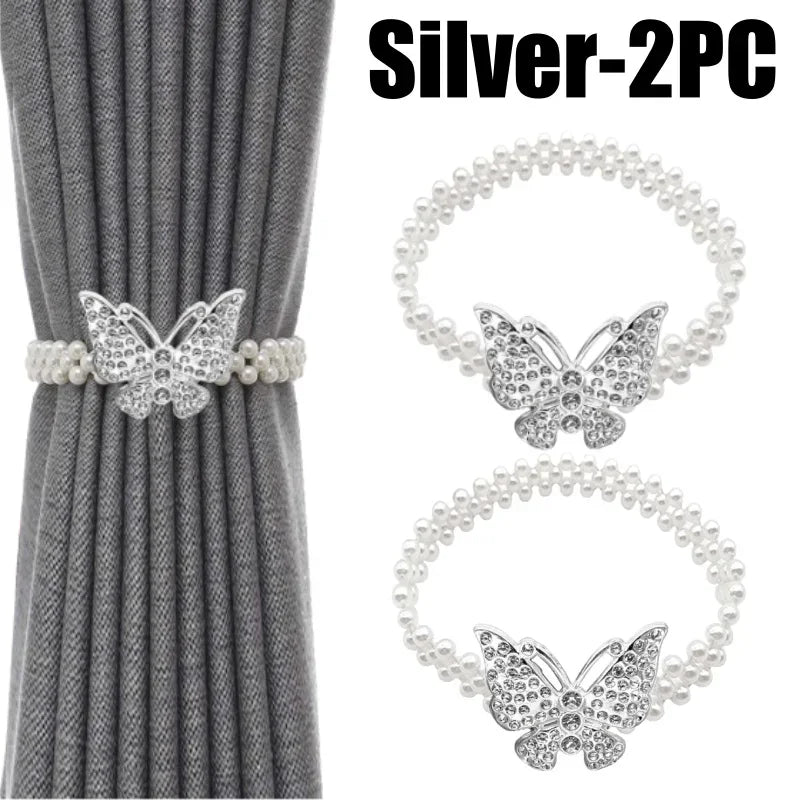 Bohemian Pearl Butterfly Curtain Tie Backs – Elastic Bow Clips Curtain Tie Backs Babs Silver-2PC