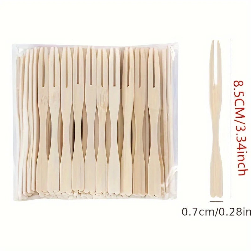 Bamboo Mini Food Picks 9cm – Disposable Double Prong Fruit Forks Bamboo Food Picks Babs 100pcs