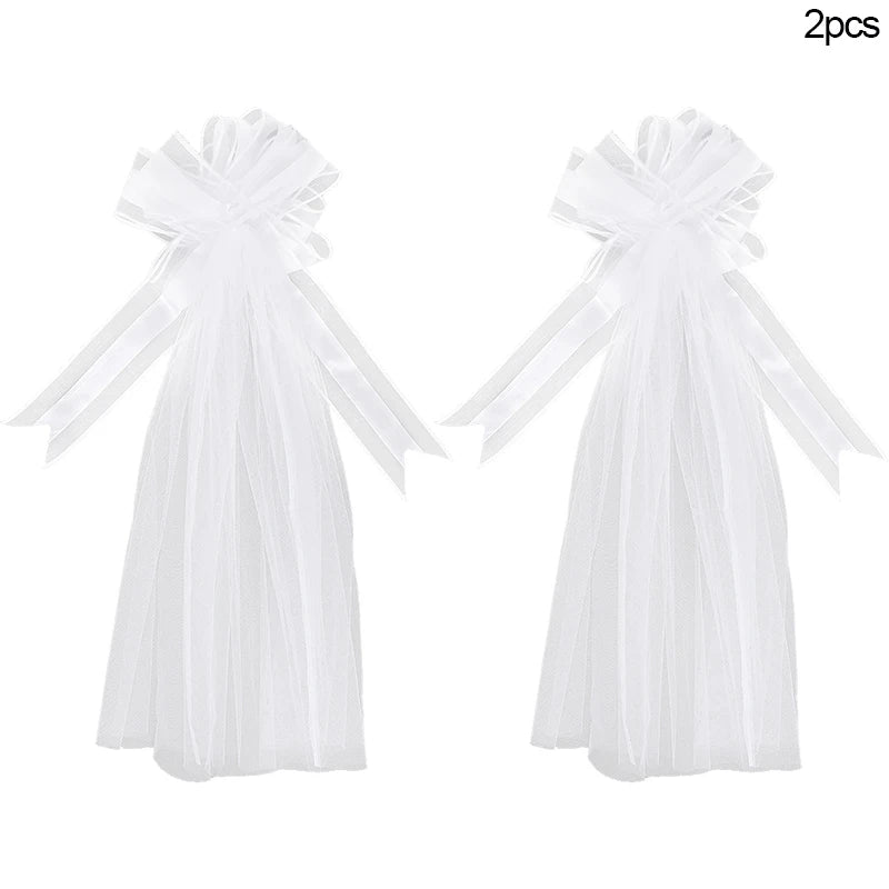 Large White Wedding Bows with Tulle Tails | Church Chair Car Décor Wedding Bow Decoration Babs 2Pcs