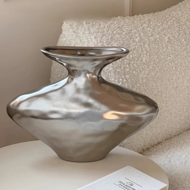 Modern Ceramic Vase | Elegant Hydroponics Flower Bottle Décor Decorative Ceramic Vase Babs Sliver-Large