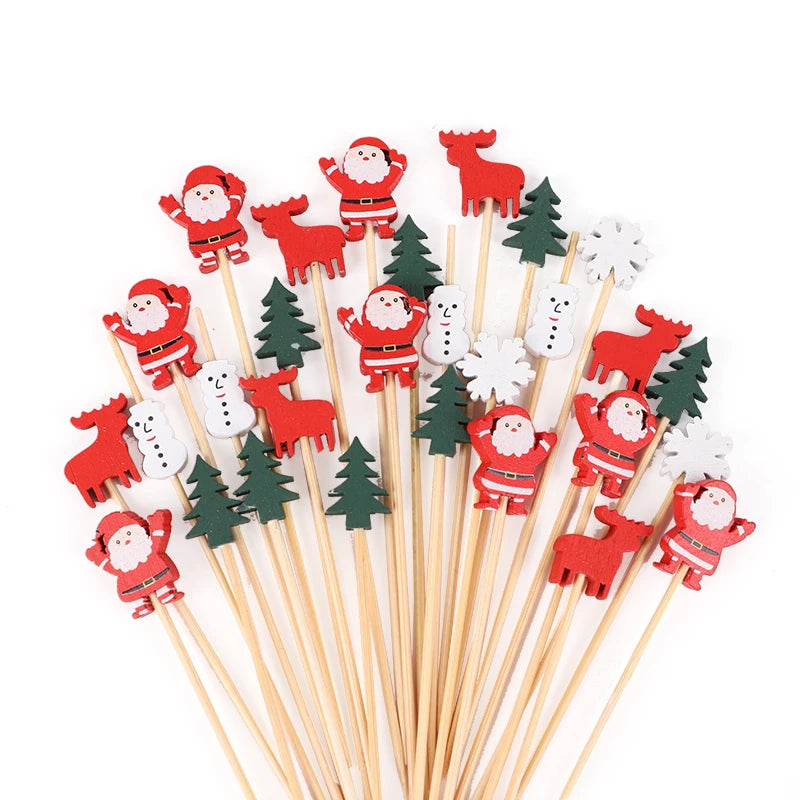 100Pcs Christmas Bamboo Food Skewers & Cupcake Toppers Holiday Party Picks Babs