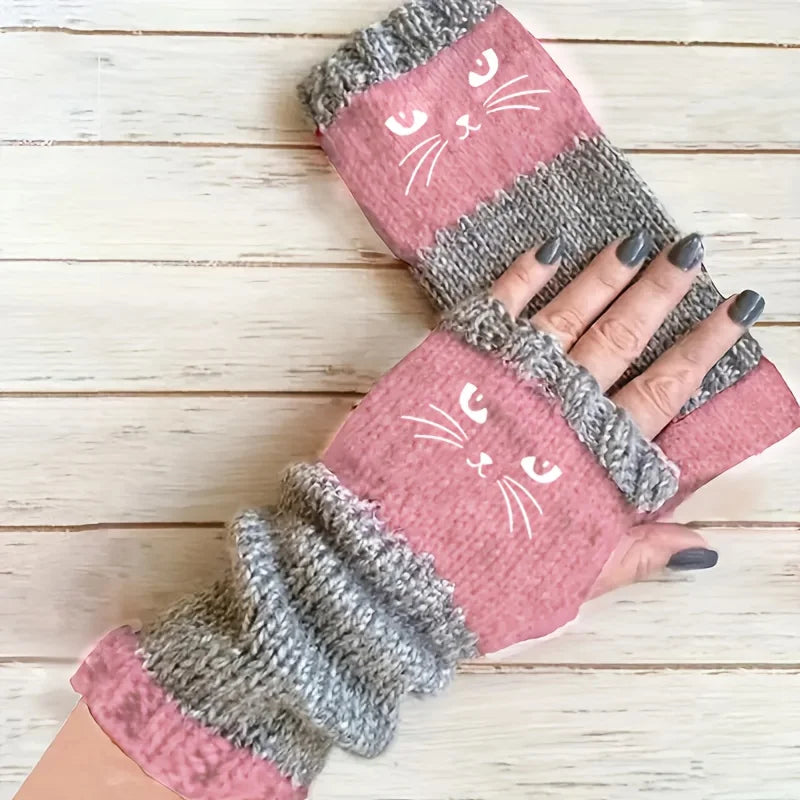 Cat Lover Knitted Fingerless Gloves – Cute Cat Pattern Fingerless Gloves Babs pink One Size
