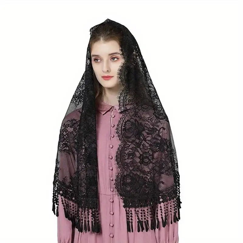 Lace Mantilla Veil for Church – Ivory & Black D-Shape Head Cover Lace Mantilla Veil Babs black