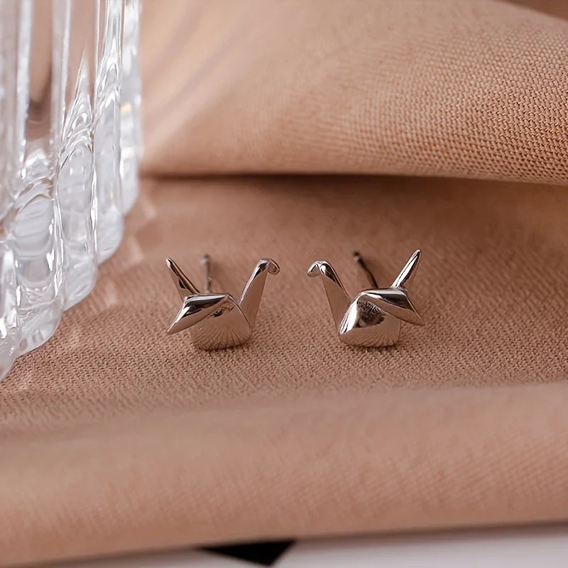 Origami Crane Stud Earrings – Silver-Plated Copper Pair Stud Earrings Babs