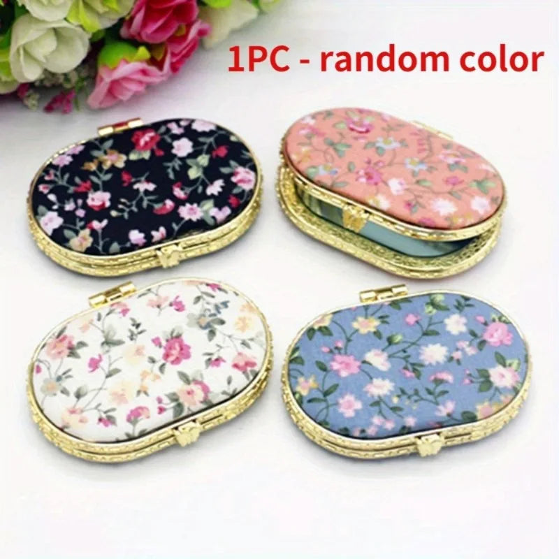 Mini Foldable Makeup Mirror – Chinese Floral Two-Sided Compact Compact Makeup Mirror Babs oval-random color