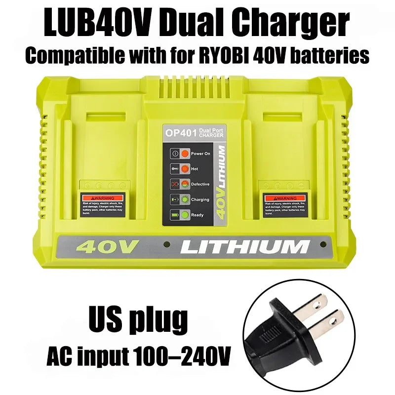 Dual-Port 40V Li-Ion Battery Charger for Ryobi OP401 | US/EU/UK/AU Battery Charger Dock Babs US plug