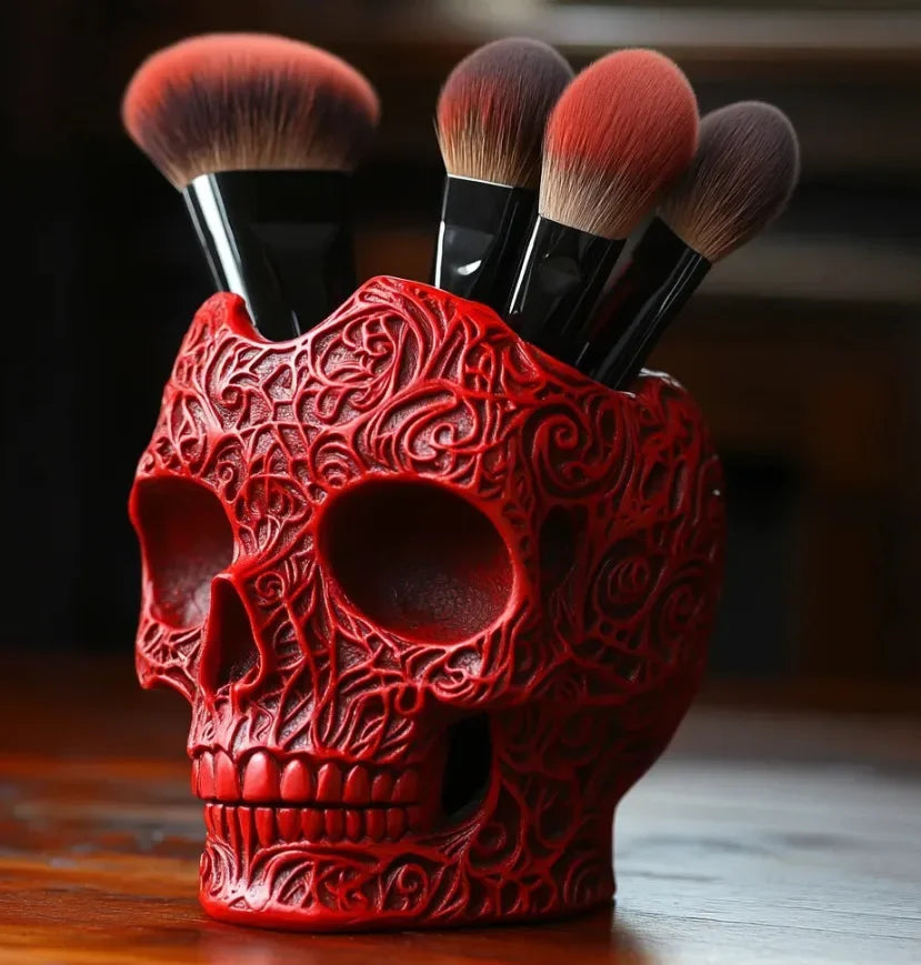 Halloween Skull Makeup Brush & Pen Holder – Colorful Desk Decor Desk Organizer Babs Red