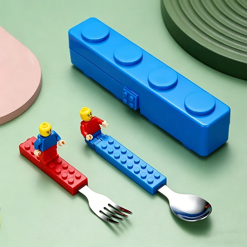 Kids' Stainless Steel Fork & Spoon Set – Building Block Design Kids Cutlery Set Babs