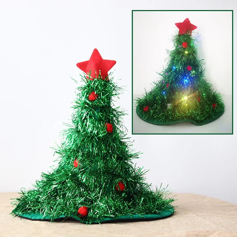 Christmas Tree Hat with LED Lights & Tinsel – Kids & Adults Christmas Costume Hat Babs 2 green with lights