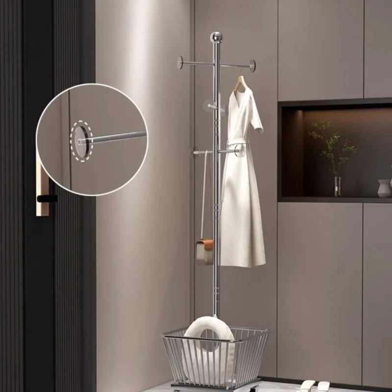 Standing Coat Rack with Basket – Metal Clothes Stand, 3 Hooks Standing Coat Rack Babs