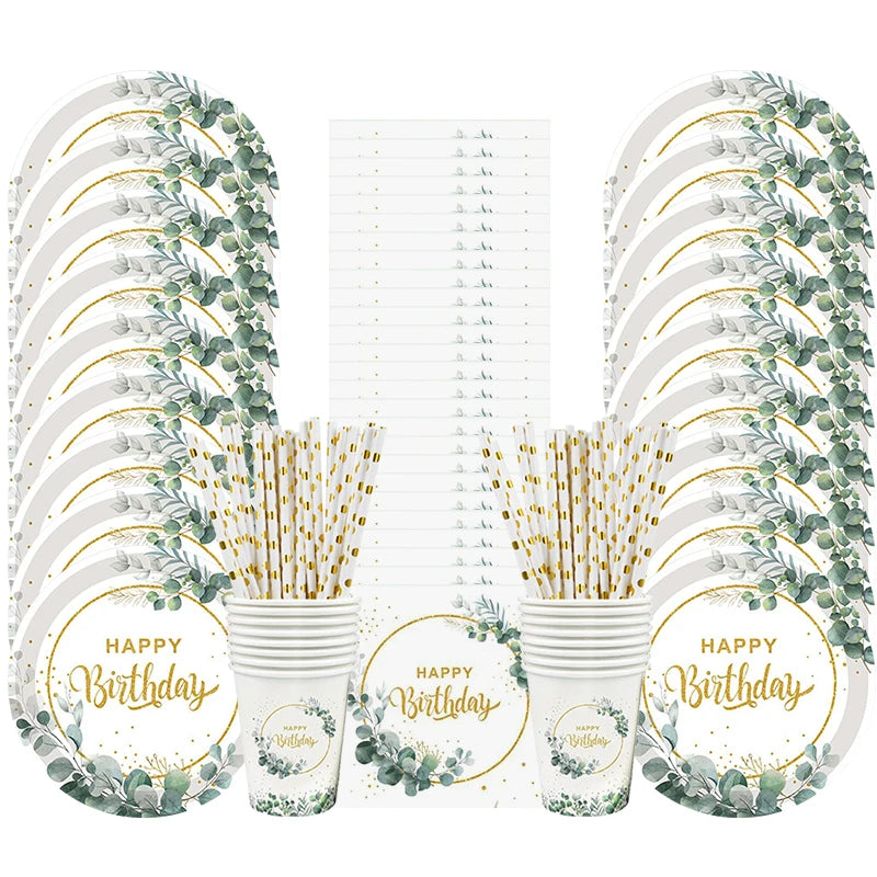 Eucalyptus Birthday Disposable Tableware Set – Plates, Cups & Napkins Disposable Party Tableware Babs 85pcs set