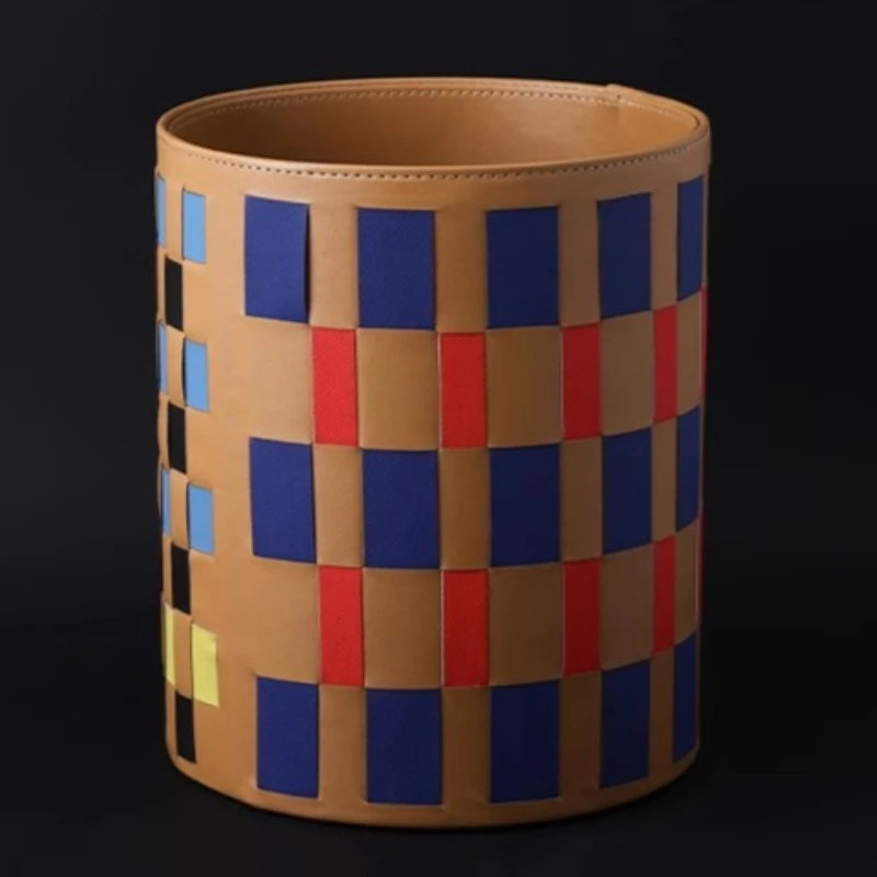 Colorful Leather Woven Round Storage Basket | Organizer Bin Woven Storage Basket Babs