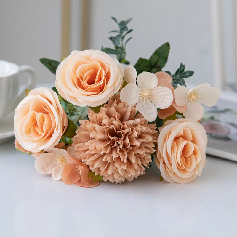 Silk Rose & Chrysanthemum Artificial Bouquet | Wedding & Home Artificial Silk Flowers Babs Champagne 1pc