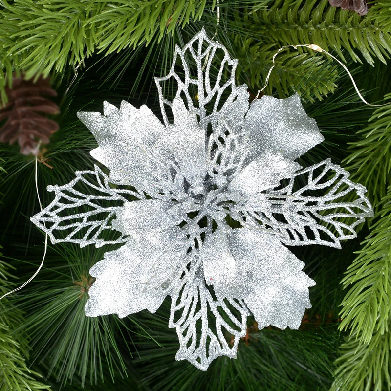 5pcs Glitter Artificial Christmas Flowers – Tree & Home Decor Christmas Floral Picks Babs silver 16cm