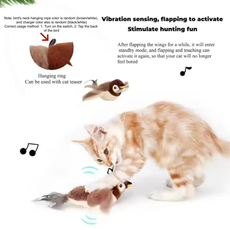 Flapping Bird Cat Toy – Bite Resistant Plush Sparrow Cat Plush Toy Babs