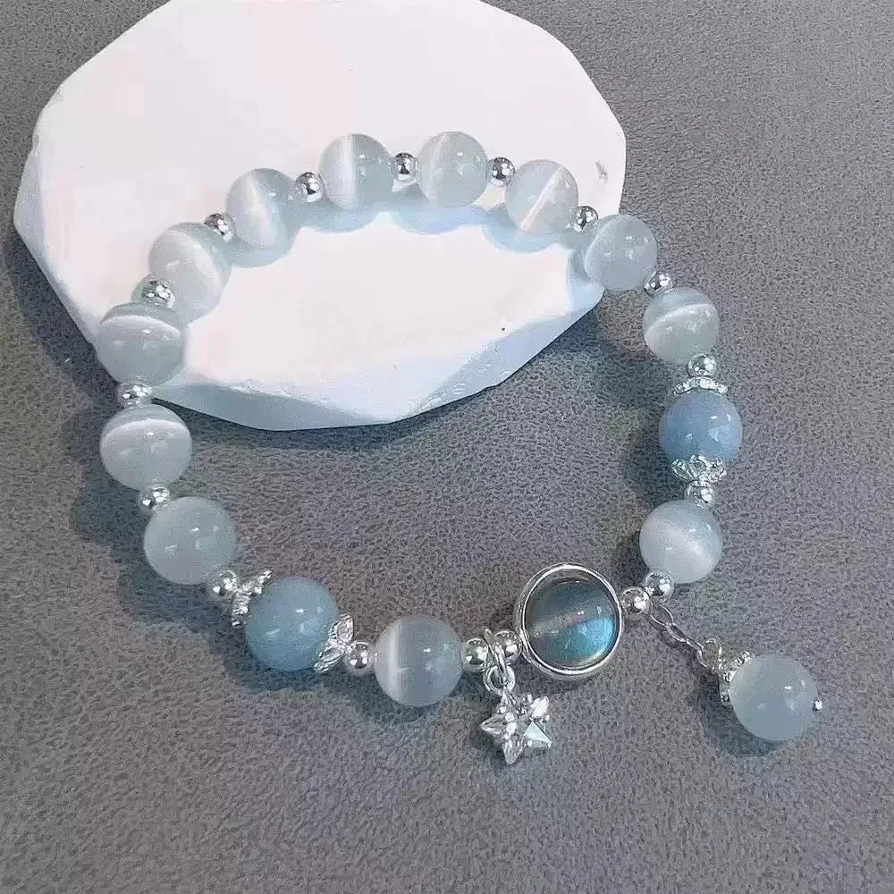 Blue Moonstone Cat Eye Crystal Bead Bracelet Set 3pcs Women Crystal Bead Bracelet Set Babs