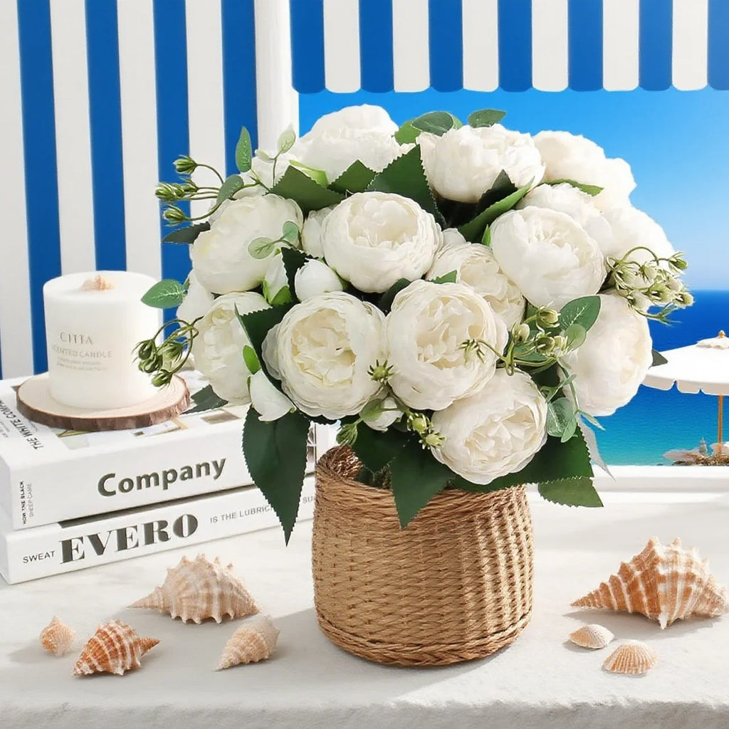 Silk Peony Artificial Flower Bouquet – Roses & Gypsophila, 12 Colors Artificial Flower Bouquet Babs