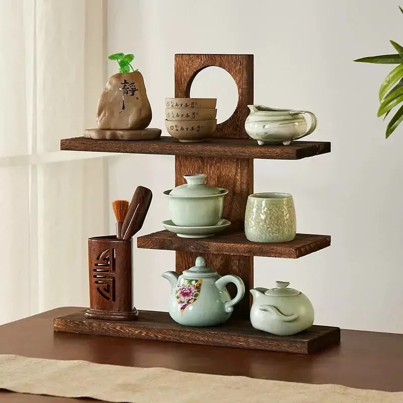 Tiered Solid Wood Tea Display Stand | Oriental Desktop Organizer Display Storage Rack Babs