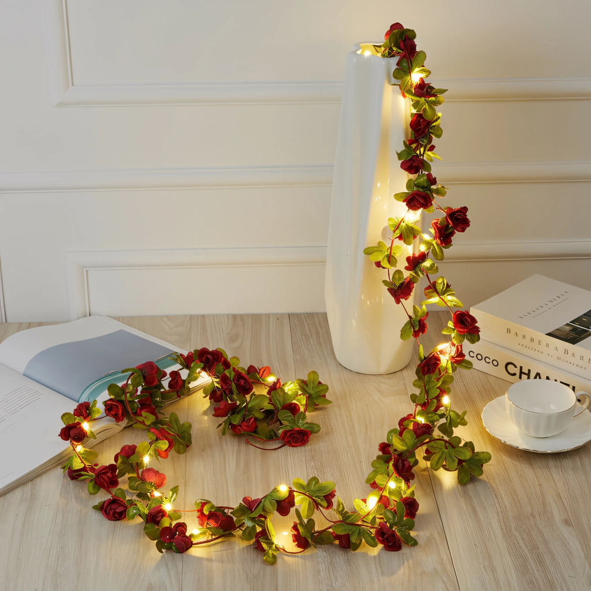 Artificial Rose Vine LED String Lights Hanging Garland Decor Floral LED Garland Babs Autumn Red Two AA Batteries