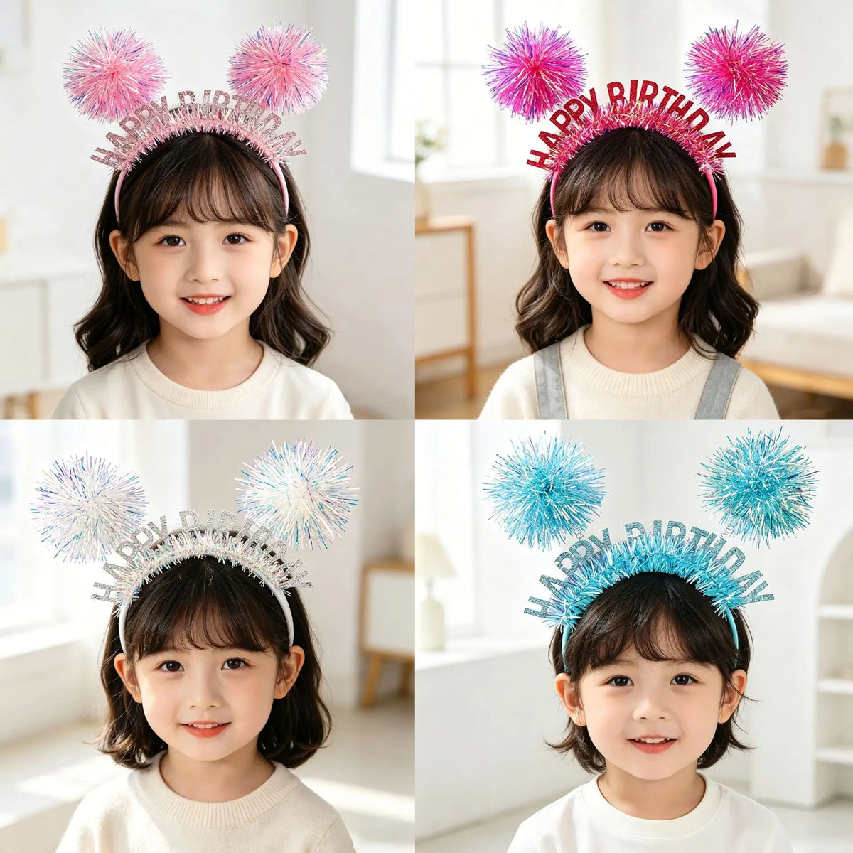 Sparkly Tinsel Pom-Pom Party Headbands for Kids – 12 Pack Party Headband Set Babs
