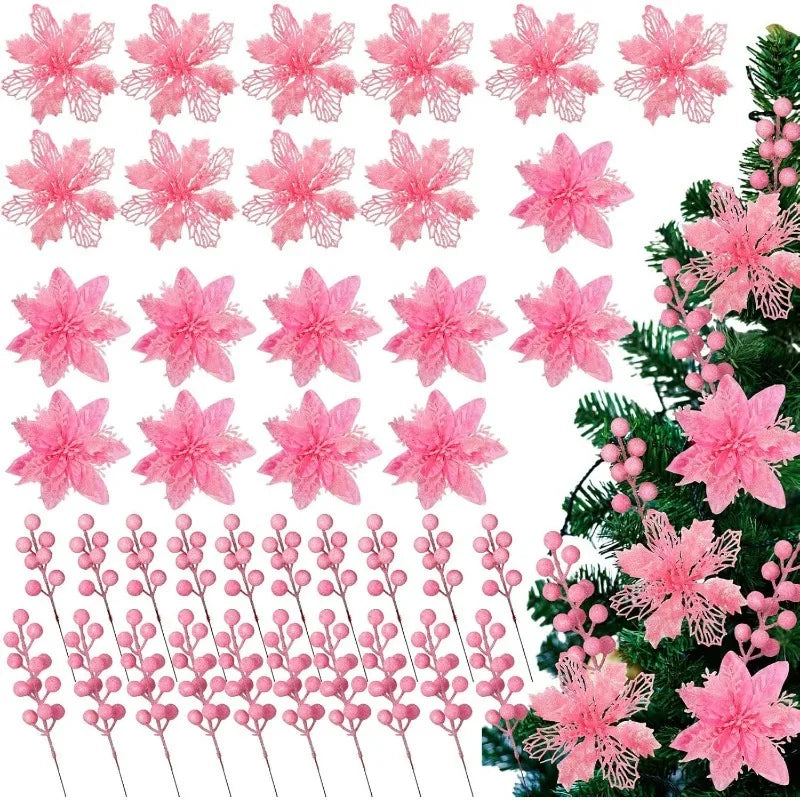 3Pcs White Glitter Artificial Flower Stems Christmas Tree Decor Christmas Tree Picks Babs Pink 3Pcs