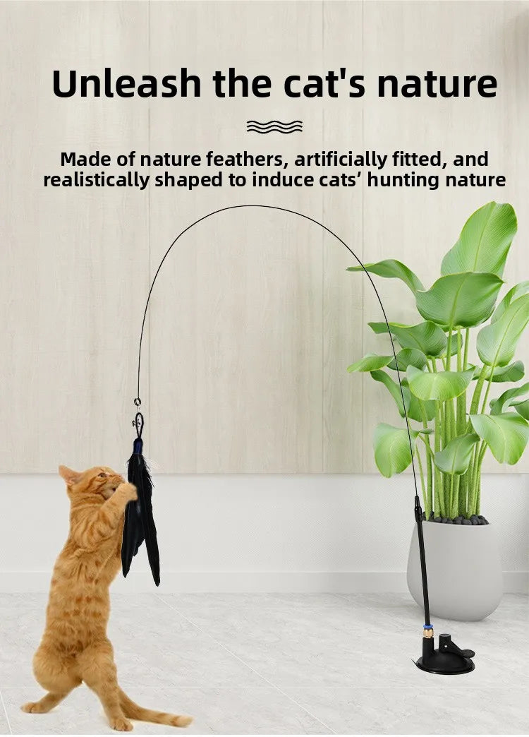 Cat Teaser Wand Toy – Interactive Bell & Feather with Suction Cup Cat Feather Wand Babs