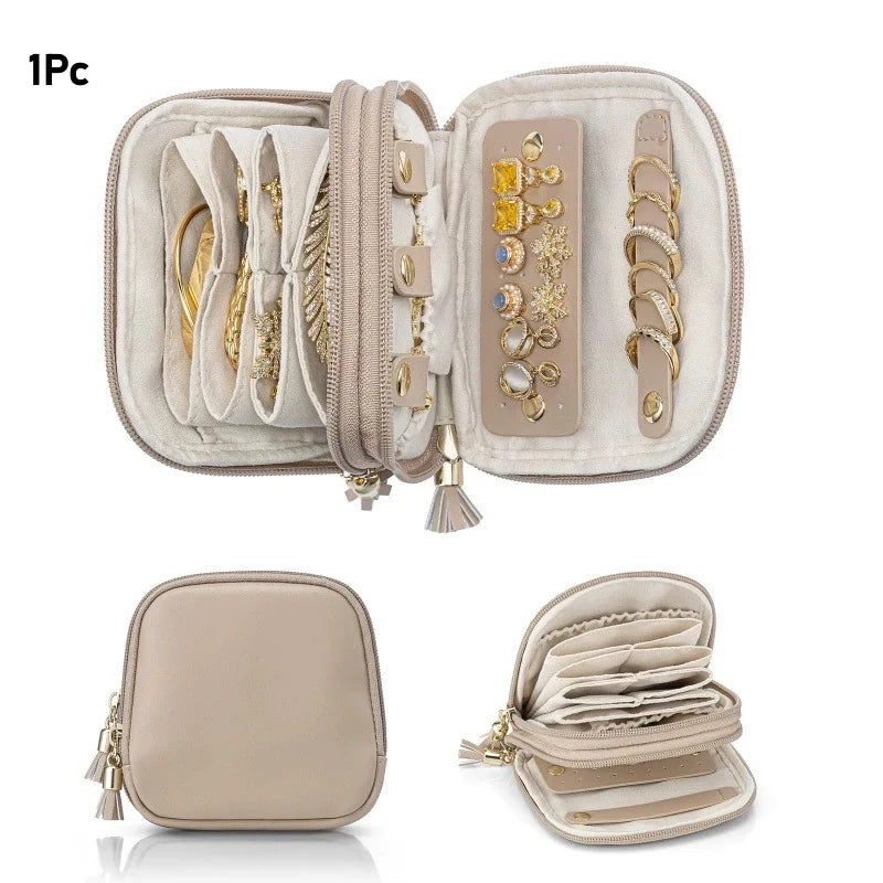 Double Layer Travel Jewelry Box – Faux Leather & Velvet Travel Jewelry Box Babs Khaki 1Pc