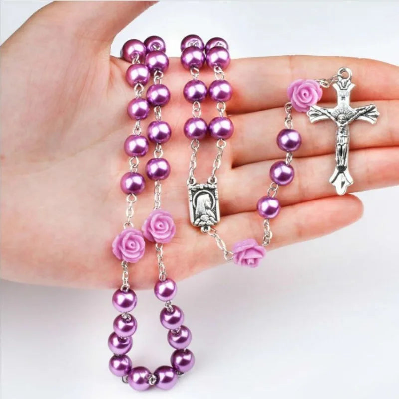 Polymer Clay Bead Rosary Cross Necklace | Catholic Gift Religious Pendant Necklace Babs