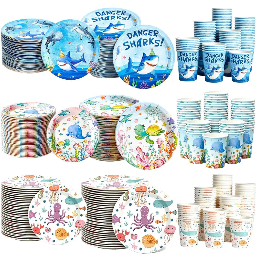 Under the Sea Party Tableware – Shark Paper Plates & Cups Party Tableware Set Babs