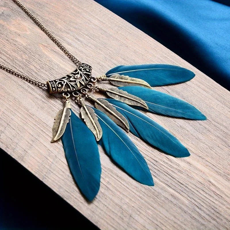 Retro Leaf & Feather Long Sweater Chain Necklace for Women Sweater Chain Necklace Babs Blue