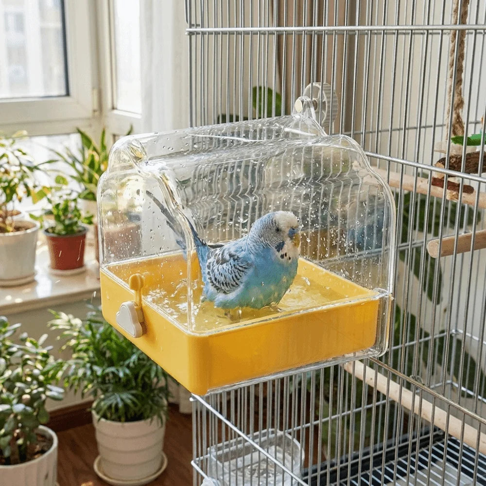 Parrot Birdbath Feeder – Transparent Splash-Proof Drawer Design Bird Bath Feeder Babs