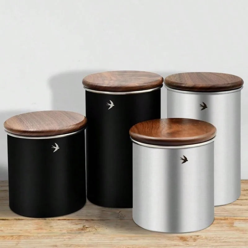 Airtight Stainless Steel Canister with Walnut Wood Lid | Tea & Coffee Food Storage Canister Babs