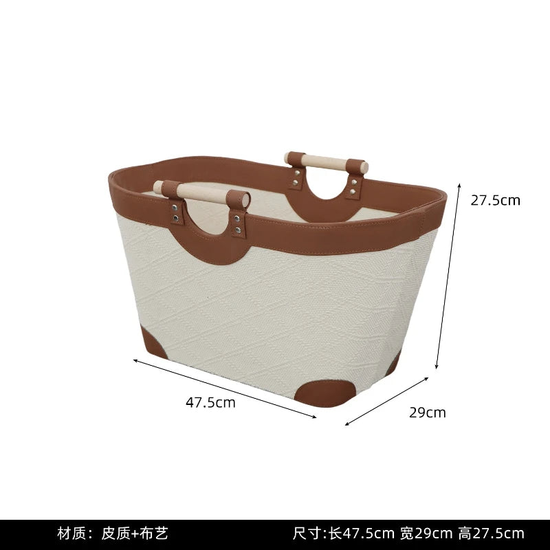 Large Leather Storage Basket with Wood Handle – Retro Organizer Leather Storage Basket Babs