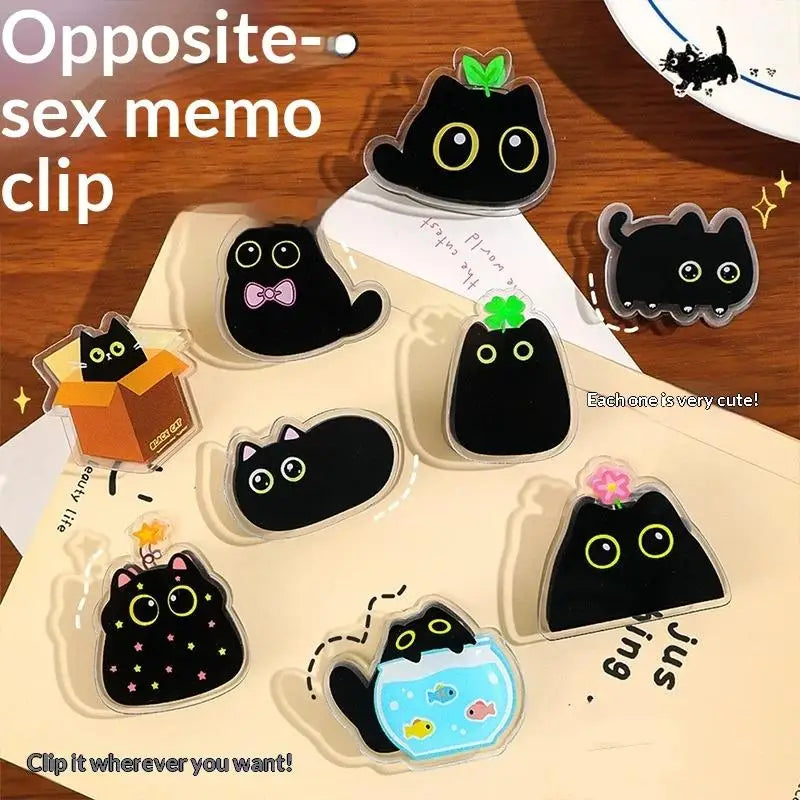 9-Piece Cute Black Cat Acrylic Paper Clips | Kawaii Stationery Acrylic Paper Clips Babs