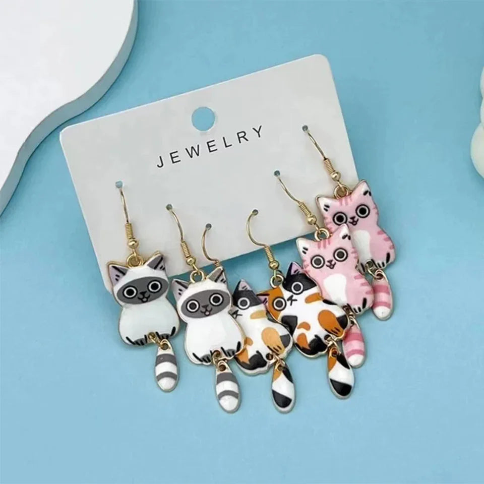 Cute Cat Dangle Earrings Set – 3 Pairs Enamel Gold Alloy Dangle Earrings Set Babs