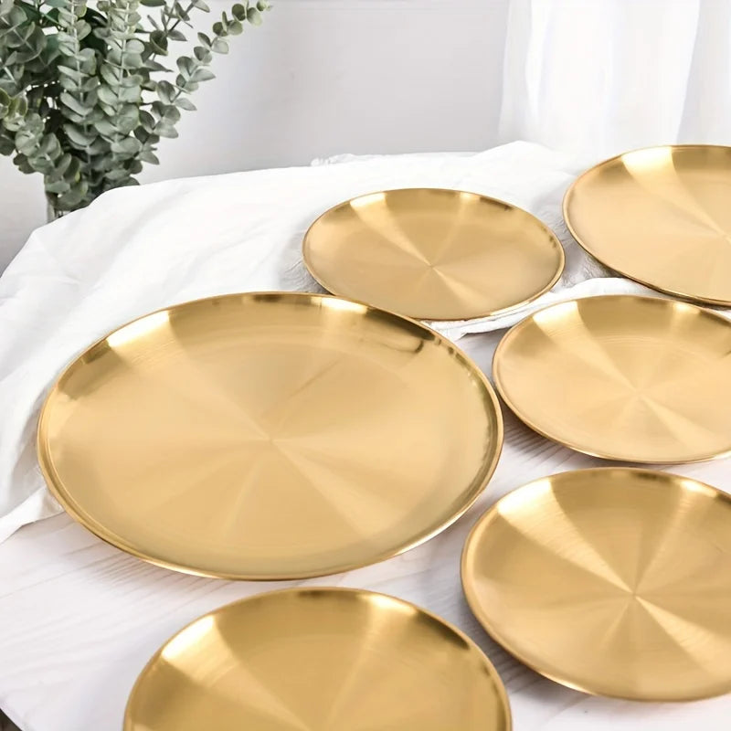 2pcs Gold Stainless Steel Pizza & Dinner Serving Plates Serving Plates Set Babs