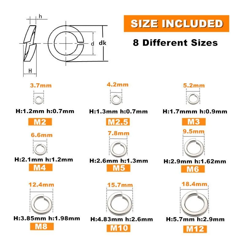 480Pcs 304 Stainless Steel Lock Washers M2–M12 Spring Washer Kit Lock Washer Set Babs