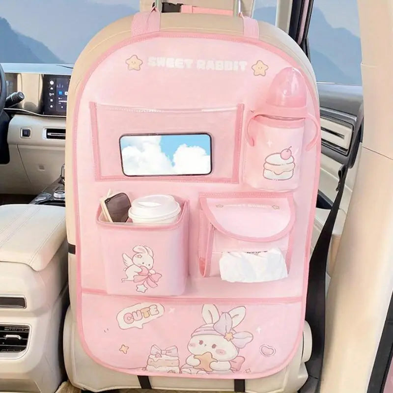 Cartoon Car Seat Back Organizer & Kick Mat – Bear & Bunny Car Seat Organizer Babs BEIGE