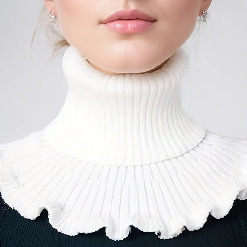 Black & White Knitted Faux Neck Scarf – Ruffle Edge Women Faux Neck Scarf Babs WHITE