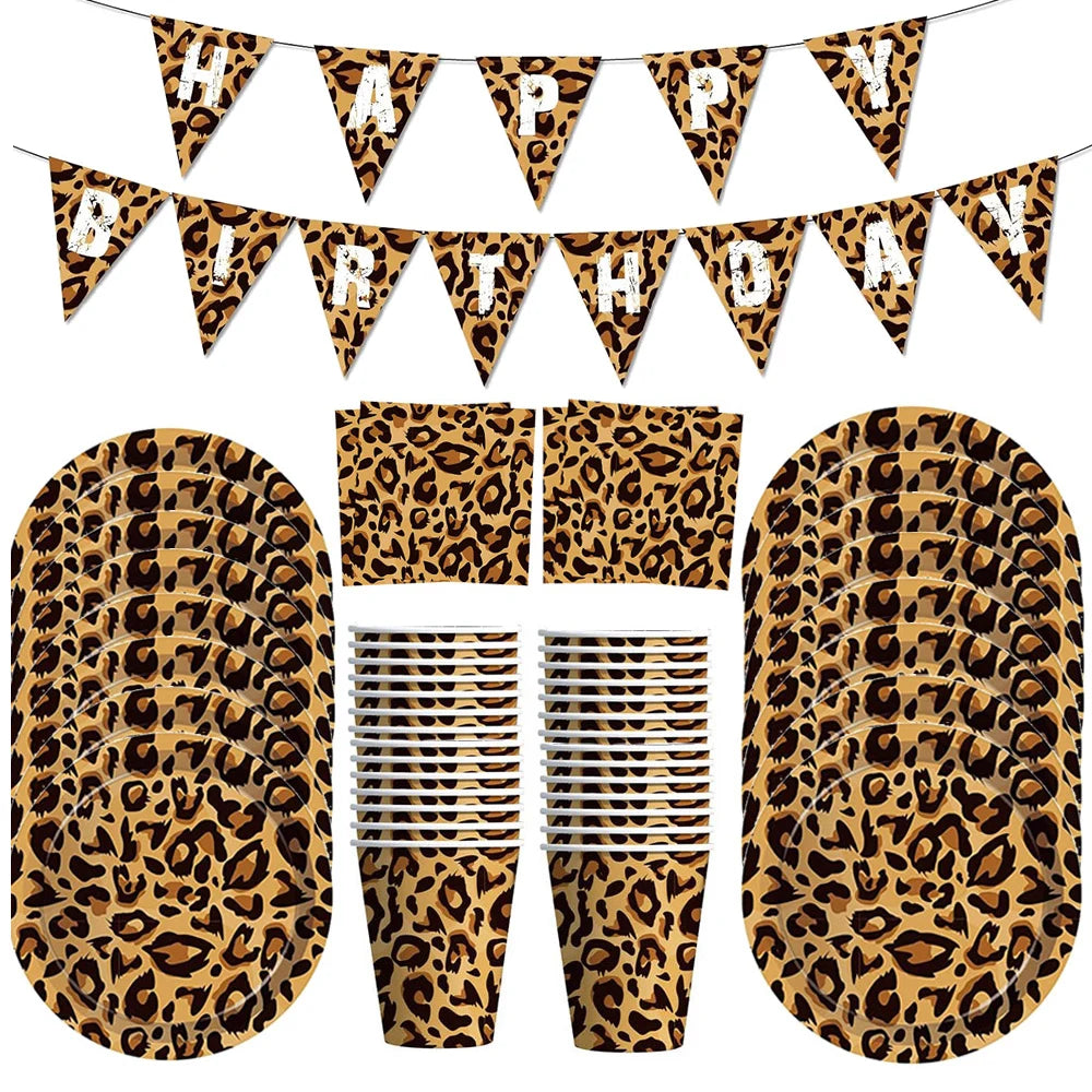 Leopard Print Party Supplies – Banner, Plates, Cups & Napkins Party Tableware Set Babs