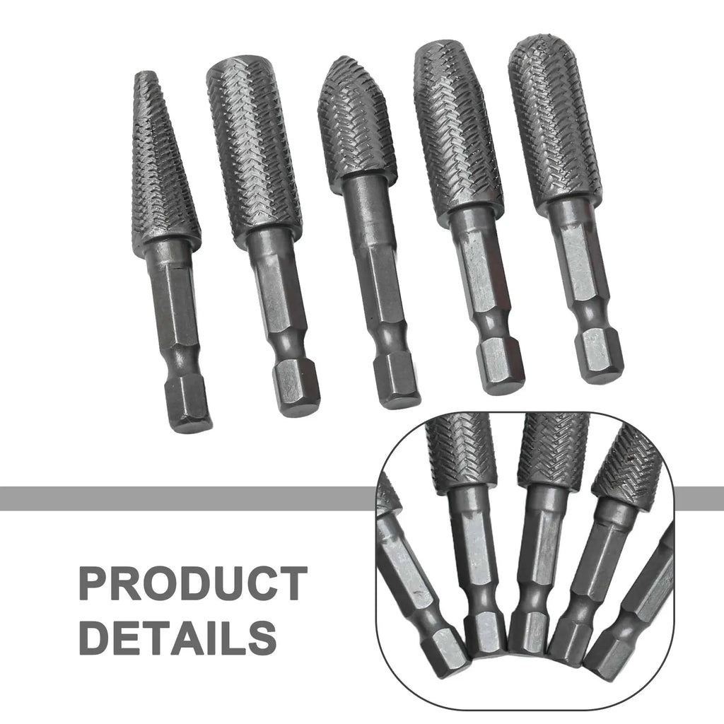 5-Pc Rotary Rasp File Set 1/4" Hex Shank Carving Burr Bits Rotary Rasp File Set Babs