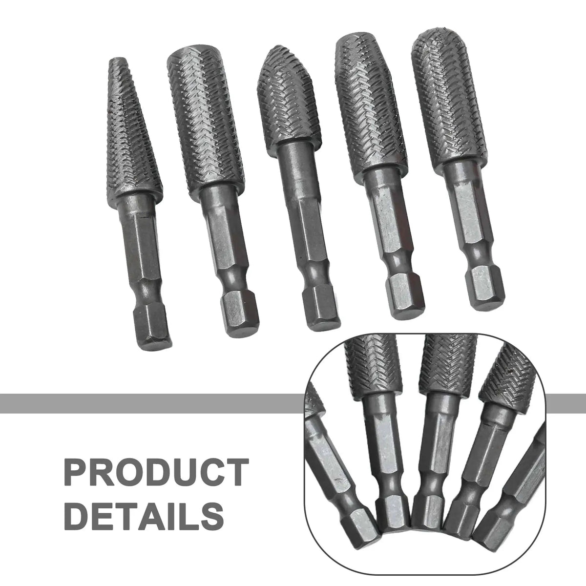 5-Pc Rotary Rasp File Set 1/4" Hex Shank Carving Burr Bits Rotary Rasp File Set Babs