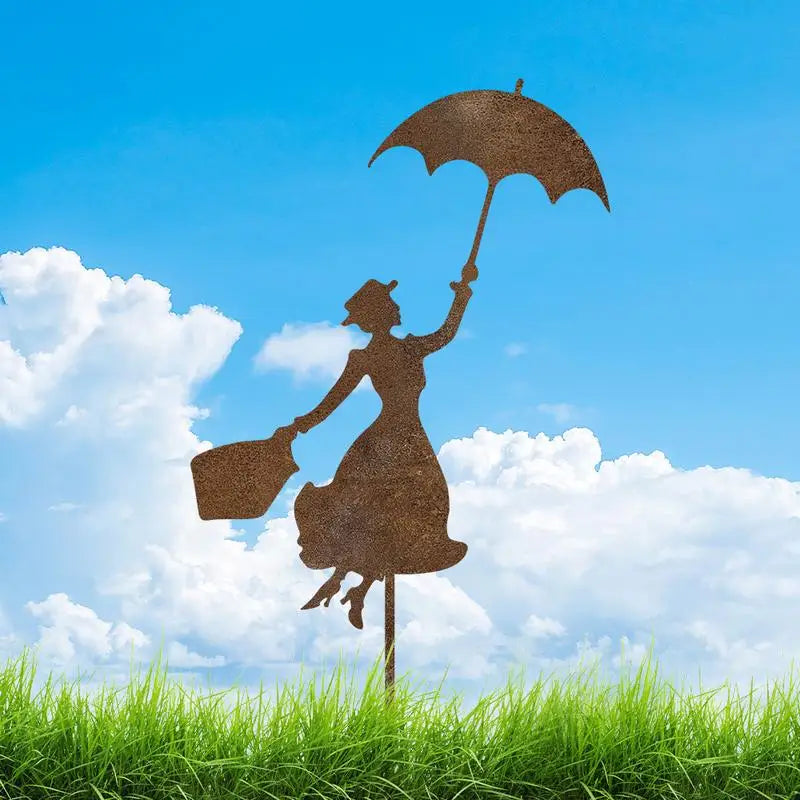 Rusty Metal Garden Stake – Woman with Umbrella Outdoor Decor Garden Stake Decor Babs