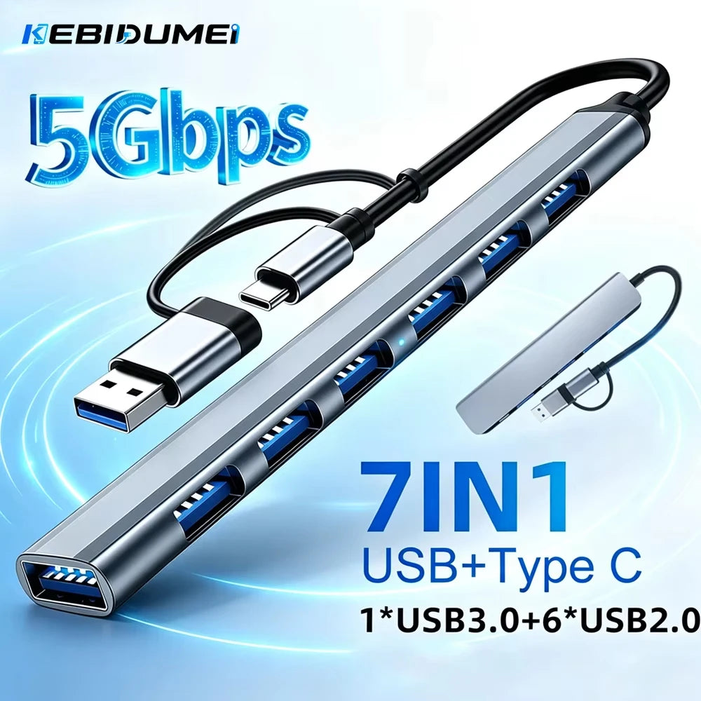 KEBIDUMEI 7-Port USB 3.0 Hub – Type-C & USB-A Splitter Adapter USB Hub Splitter Babs