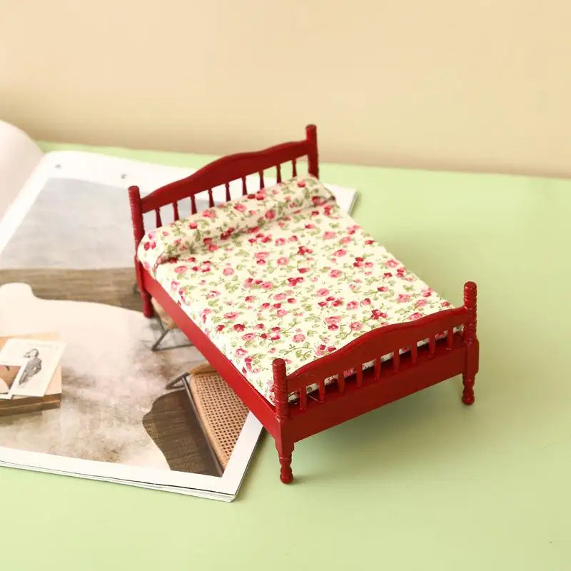 1:12 Dollhouse Miniature Wooden Bed Furniture Model Dollhouse Miniature Furniture Babs red