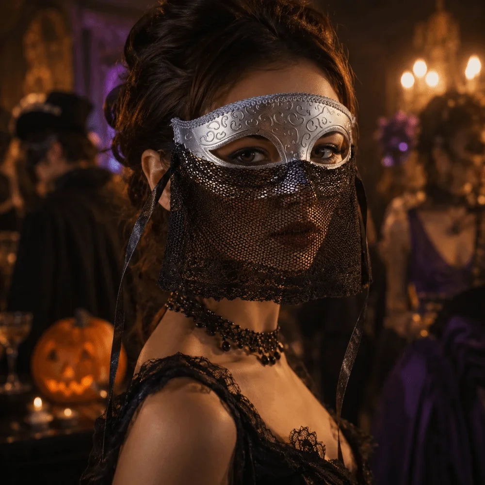 Venice Masquerade Half Face Mask with Veil | Retro Cosplay Masquerade Mask Babs